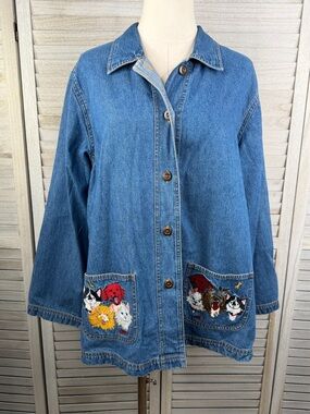 BLAIR Vintage Denim Chore Jacket with Embroidered Cats/Dogs on Pockets-Large